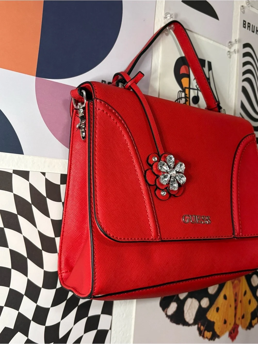 GUESS Red Structured Satchel with Crystal Flower Charm